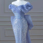 Elegant Mermaid Off The Shoulder Blue Short Sleeves Sequin Evening Dress Long Prom Dresses C3585