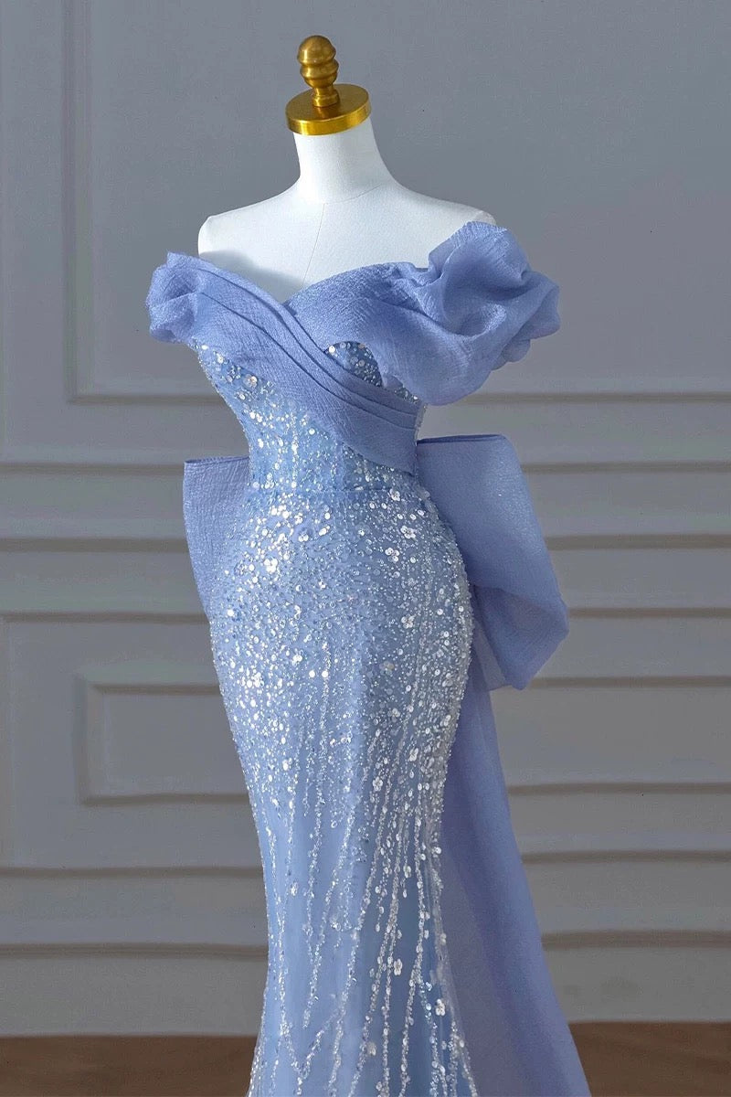Elegant Mermaid Off The Shoulder Blue Short Sleeves Sequin Evening Dress Long Prom Dresses C3585