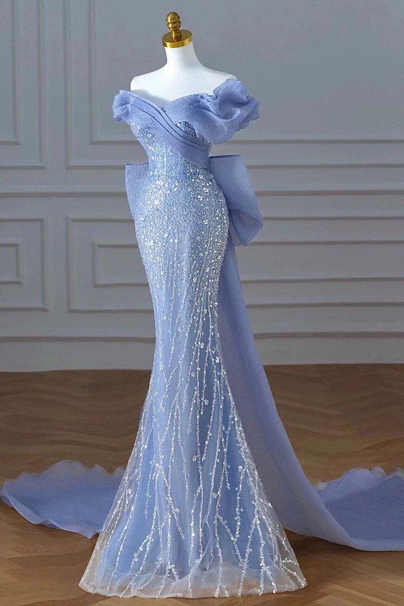 Elegant Mermaid Off The Shoulder Blue Short Sleeves Sequin Evening Dress Long Prom Dresses C3585