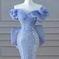 Elegant Mermaid Off The Shoulder Blue Short Sleeves Sequin Evening Dress Long Prom Dresses C3585