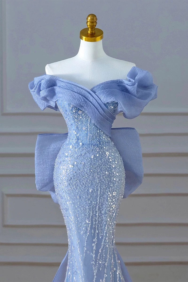Elegant Mermaid Off The Shoulder Blue Short Sleeves Sequin Evening Dress Long Prom Dresses C3585