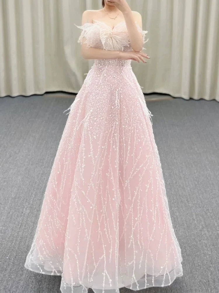 Gorgeous A Line Off The Shoulder Sequin Pink Long Evening Dress Prom Dresses Birthday Outfits C3588
