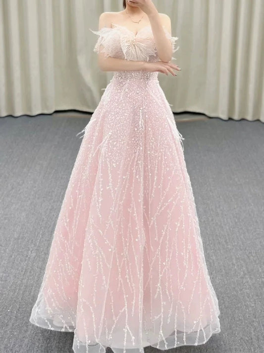 Gorgeous A Line Off The Shoulder Sequin Pink Long Evening Dress Prom Dresses Birthday Outfits C3588