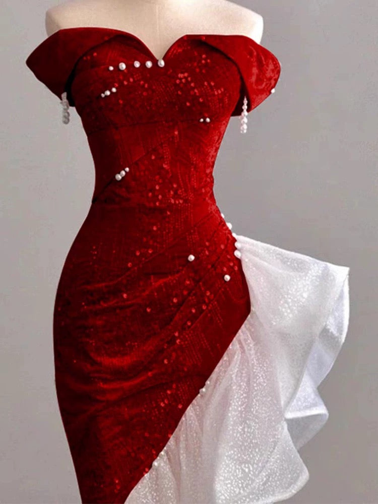 Gorgeous Sheath Off The Shoulder Sequin Red Evening Dress Prom Dresses Birthday Outfits C3589