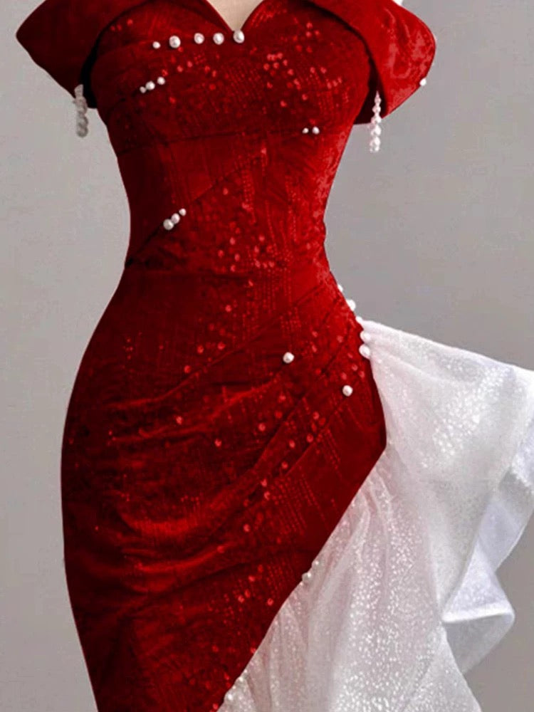 Gorgeous Sheath Off The Shoulder Sequin Red Evening Dress Prom Dresses Birthday Outfits C3589