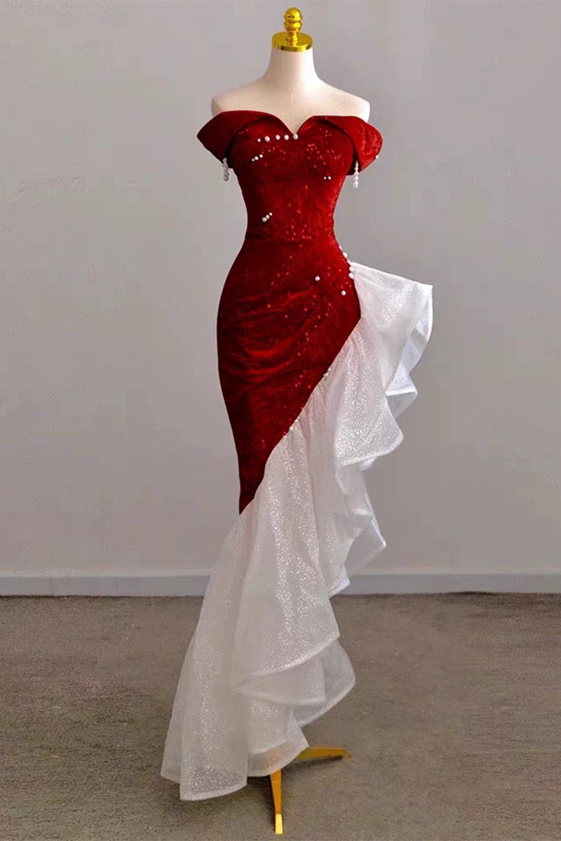 Gorgeous Sheath Off The Shoulder Sequin Red Evening Dress Prom Dresses Birthday Outfits C3589