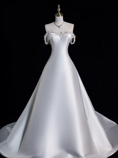 Elegant A line Off The Shoulder Satin Pearls Long White Wedding Dresses CC358