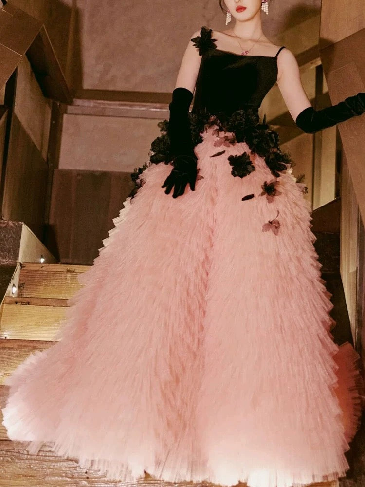 Robe de bal à bretelles en tulle et couches, longue robe de bal rose à volants, robe Sweet 16 C3590