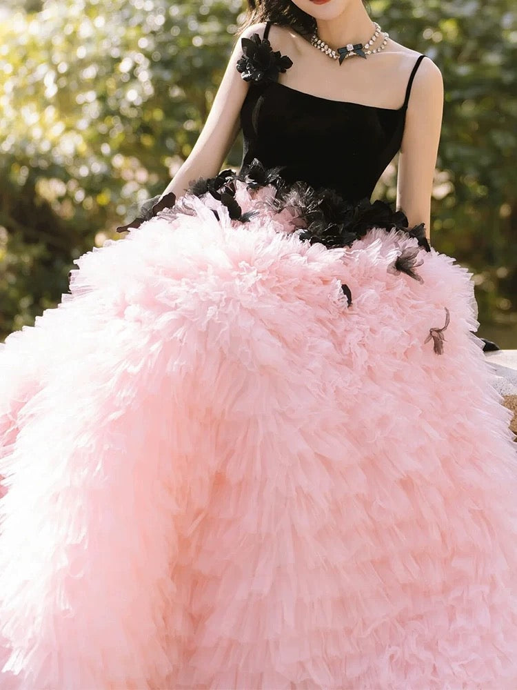 Robe de bal à bretelles en tulle et couches, longue robe de bal rose à volants, robe Sweet 16 C3590