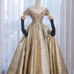 Jolie robe de bal à épaules dénudées en satin doré à volants longs, robes de bal Sweet 16 C3591