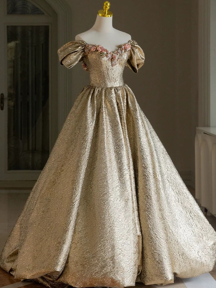 Pretty Ball Gown Off The Shoulder Gold Satin Long Ruffles Prom Dresses BlingDress Pretty Ball Gown Off The Shoulder Gold Satin Long Ruffles Prom Dresses BlingDress