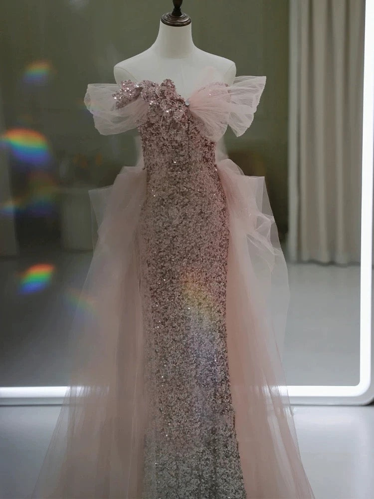 Gorgeous Sheath Off The Shoulder Pink Sequin Long Evening Dress Prom Dresses Birthday Outfits C3594