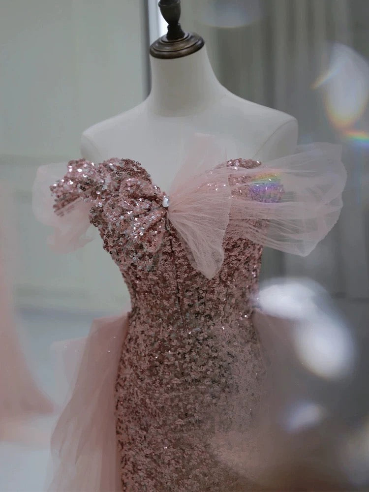 Gorgeous Sheath Off The Shoulder Pink Sequin Long Evening Dress Prom Dresses Birthday Outfits C3594