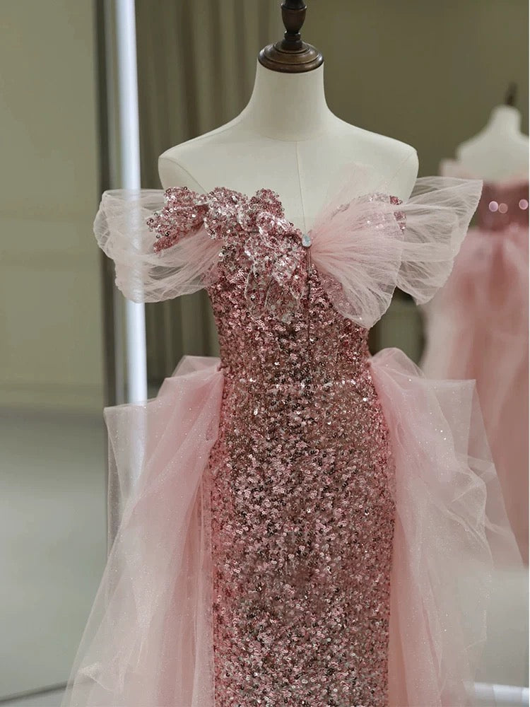 Gorgeous Sheath Off The Shoulder Pink Sequin Long Evening Dress Prom Dresses Birthday Outfits C3594