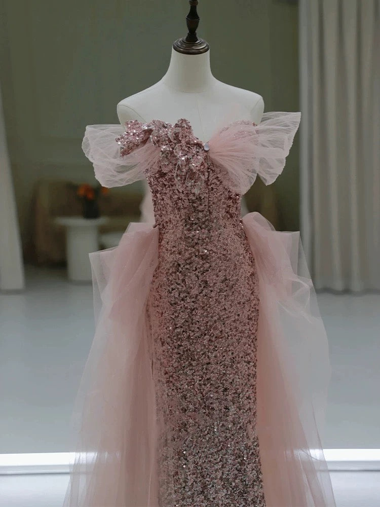 Gorgeous Sheath Off The Shoulder Pink Sequin Long Evening Dress Prom Dresses Birthday Outfits C3594