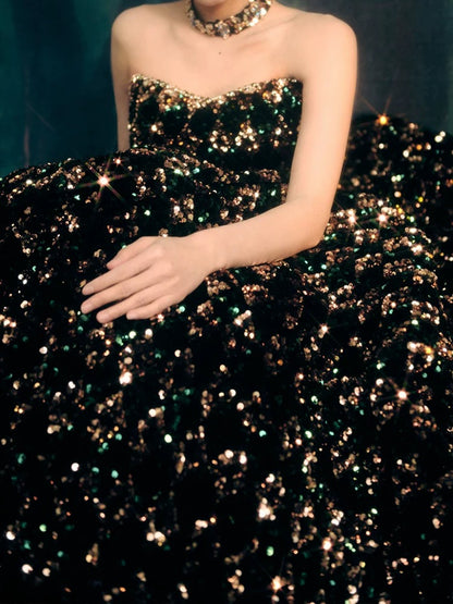 Superbe robe de bal en paillettes noires à col en cœur, longue robe de soirée, robes de bal, tenues d'anniversaire, C3595