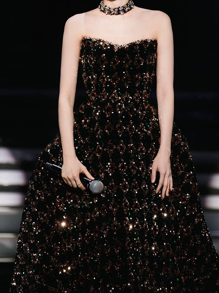 Superbe robe de bal en paillettes noires à col en cœur, longue robe de soirée, robes de bal, tenues d'anniversaire, C3595