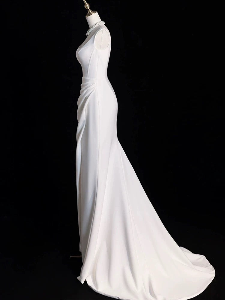 Chic Sheath Square Neckline Sleeveless White Satin Slit Wedding Dresses With Ruffles C3595