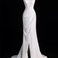 Chic Sheath Square Neckline Sleeveless White Satin Slit Wedding Dresses With Ruffles C3595