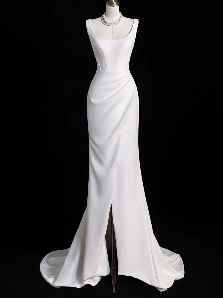 Chic Sheath Square Neckline Sleeveless White Satin Slit Wedding Dresses With Ruffles C3595