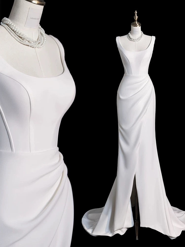 Chic Sheath Square Neckline Sleeveless White Satin Slit Wedding Dresses With Ruffles C3595