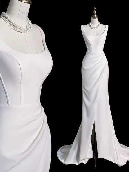 Chic Sheath Square Neckline Sleeveless White Satin Slit Wedding Dresses With Ruffles C3595