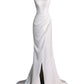 Chic Sheath Square Neckline Sleeveless White Satin Slit Wedding Dresses With Ruffles C3595