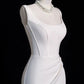 Chic Sheath Square Neckline Sleeveless White Satin Slit Wedding Dresses With Ruffles C3595
