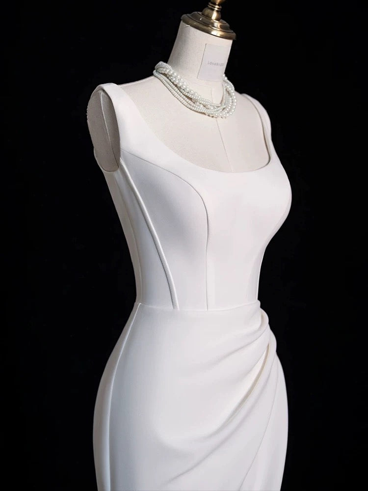 Chic Sheath Square Neckline Sleeveless White Satin Slit Wedding Dresses With Ruffles C3595