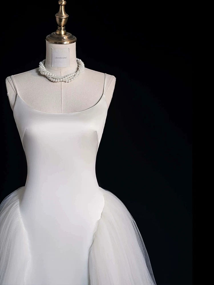 Chic Sheath Spaghetti Straps Sleeveless White Satin Wedding Dresses With Ruffles C3596