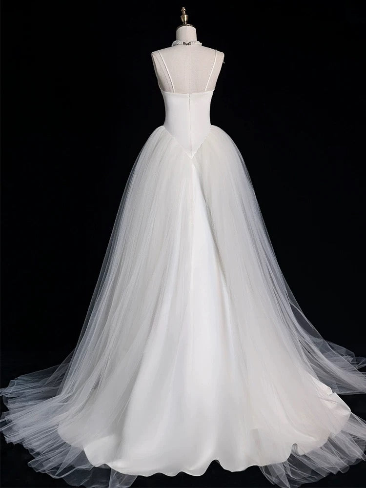 Chic Sheath Spaghetti Straps Sleeveless White Satin Wedding Dresses With Ruffles C3596