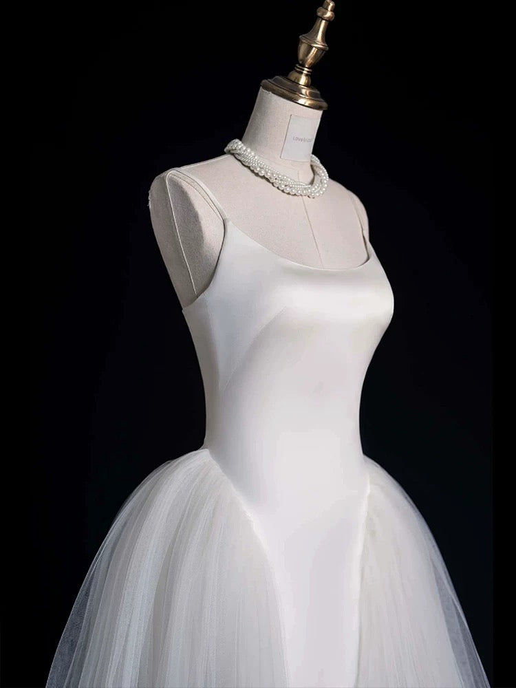 Chic Sheath Spaghetti Straps Sleeveless White Satin Wedding Dresses With Ruffles C3596