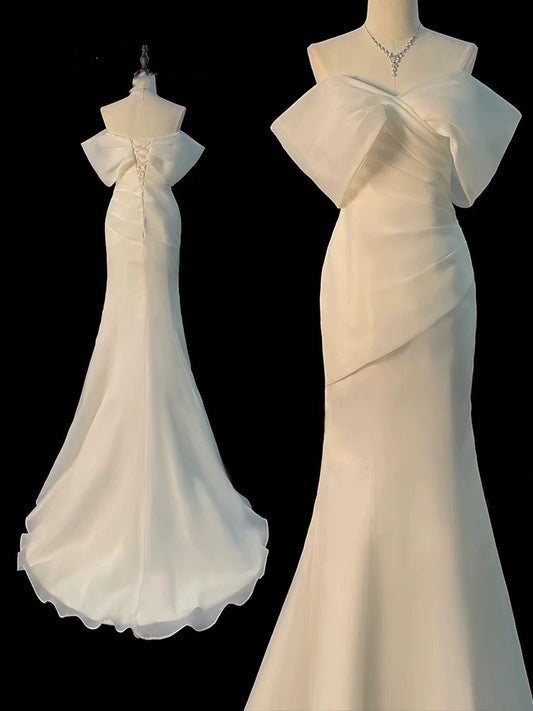Chic Mermaid Off The Shoulder Short Sleeves Ivory Chiffon Wedding Dresses With Ruffles C3597