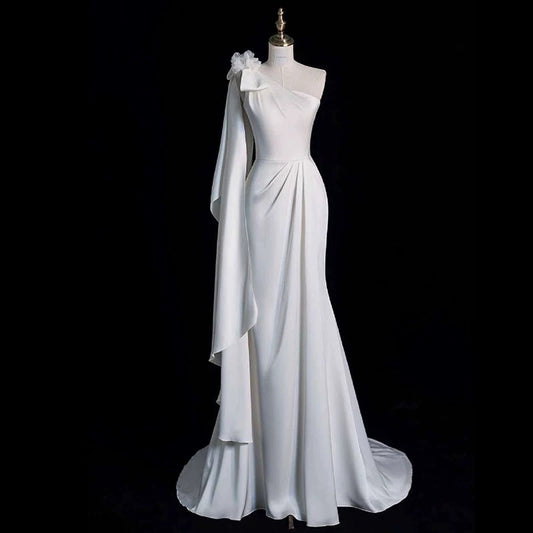 Chic Mermaid One Shoulder Sleeveless Ivory Chiffon Wedding Dresses With Flowers C3598