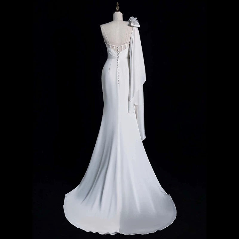Chic Mermaid One Shoulder Sleeveless Ivory Chiffon Wedding Dresses With Flowers C3598