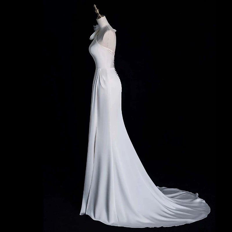 Chic Mermaid One Shoulder Sleeveless Ivory Chiffon Wedding Dresses With Flowers C3598