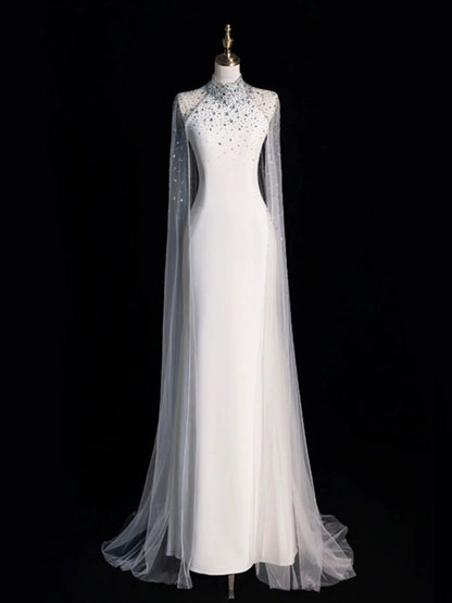 Chic Sheath High Neckline Sleeveless White Tulle Long Wedding Dresses With Beads C3599