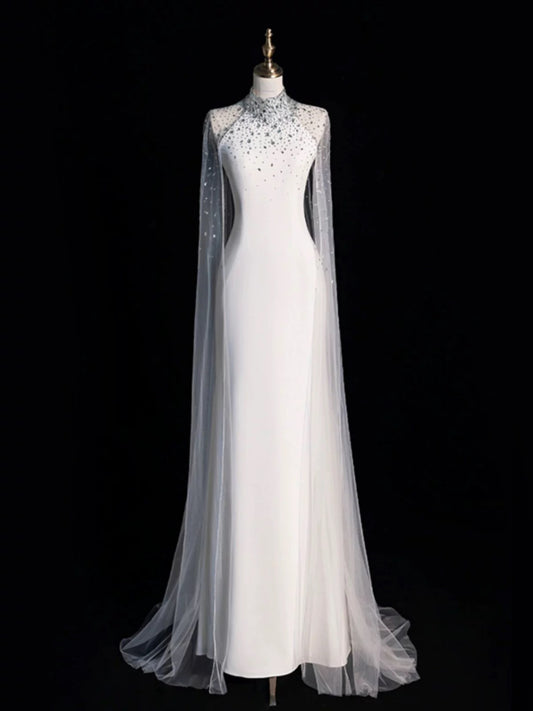 Chic Sheath High Neckline Sleeveless White Tulle Long Wedding Dresses With Beads C3599