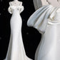 Elegant Mermaid Off The Shoulder Satin Pearls Long White Wedding Dresses CC359