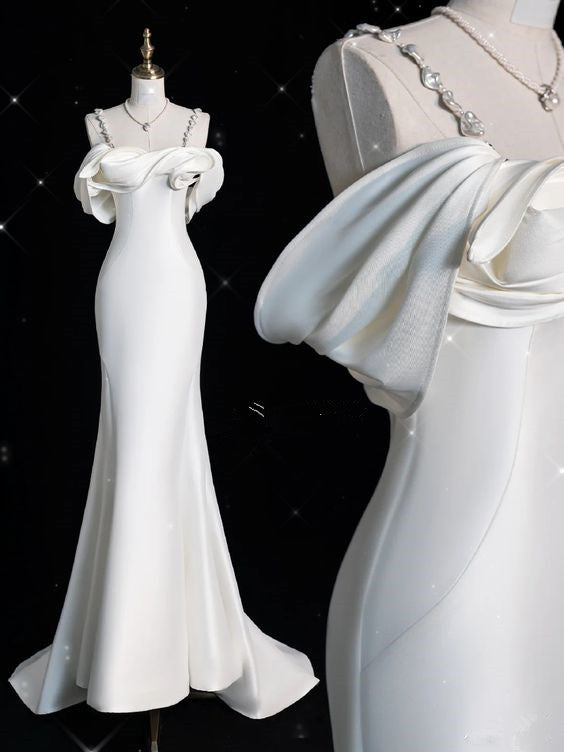 Elegant Mermaid Off The Shoulder Satin Pearls Long White Wedding Dresses CC359