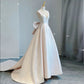 Chic Ball Gown V neckline Sleeveless Ivory Satin Long Wedding Dresses With Bow C3600