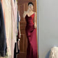 Pretty Mermaid Spaghetti Straps Burgundy Satin Long Floor Length Prom Dresses C3603