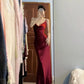 Pretty Mermaid Spaghetti Straps Burgundy Satin Long Floor Length Prom Dresses C3603