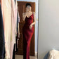 Pretty Mermaid Spaghetti Straps Burgundy Satin Long Floor Length Prom Dresses C3603