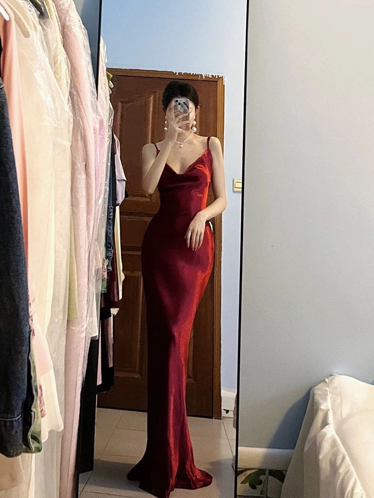Pretty Mermaid Spaghetti Straps Burgundy Satin Long Floor Length Prom Dresses C3603