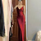 Pretty Mermaid Spaghetti Straps Burgundy Satin Long Floor Length Prom Dresses C3603