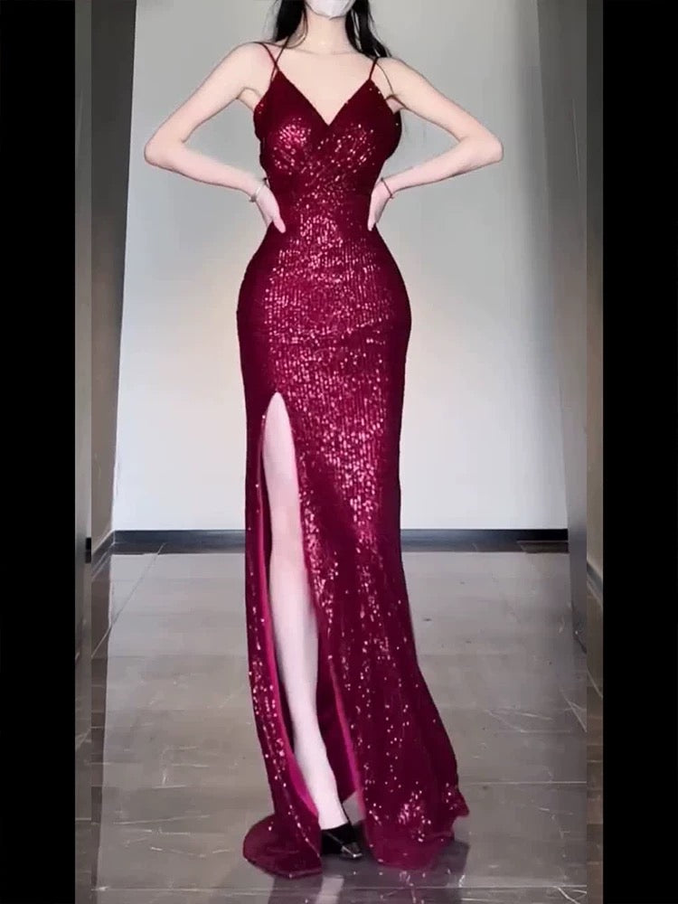Gorgeous Sheath Spaghetti Straps Burgundy Sequin Long Evening Dress Prom Dresses Birthday Outfits C3608