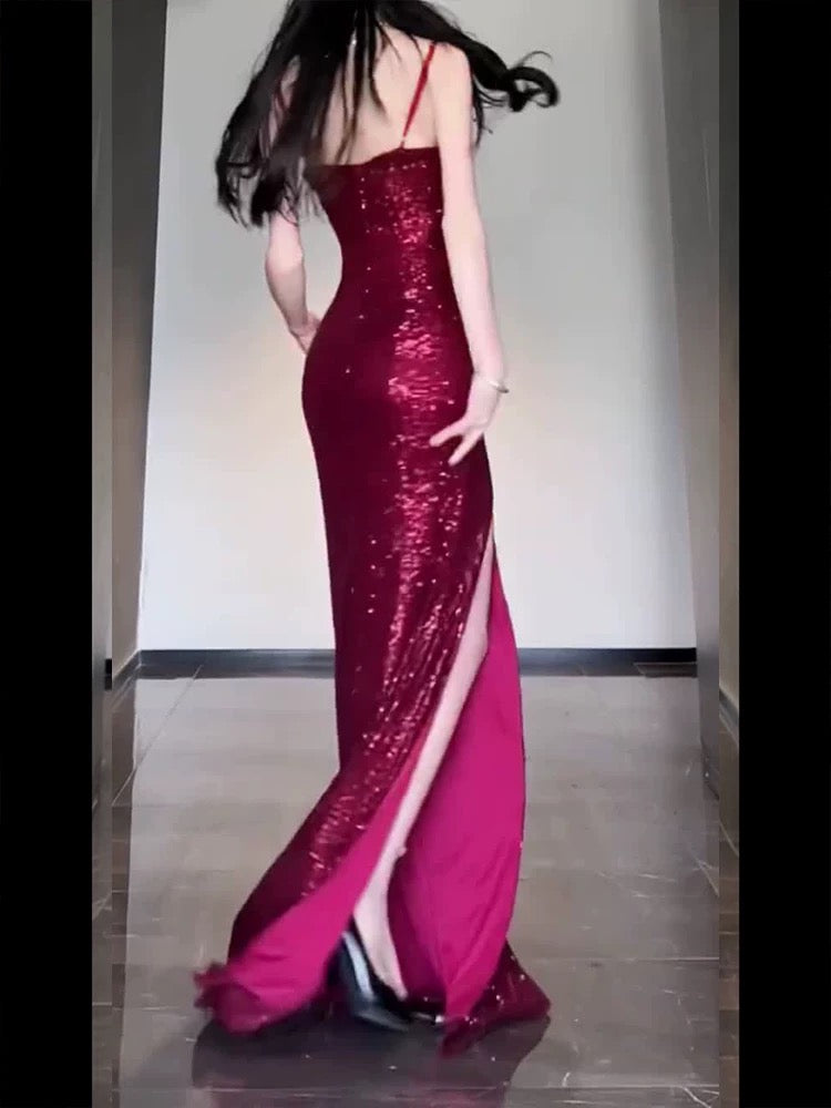 Gorgeous Sheath Spaghetti Straps Burgundy Sequin Long Evening Dress Prom Dresses Birthday Outfits C3608