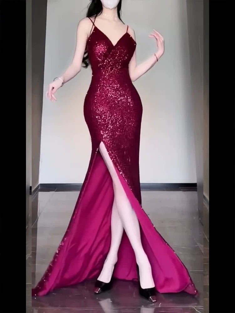 Gorgeous Sheath Spaghetti Straps Burgundy Sequin Long Evening Dress Prom Dresses Birthday Outfits C3608