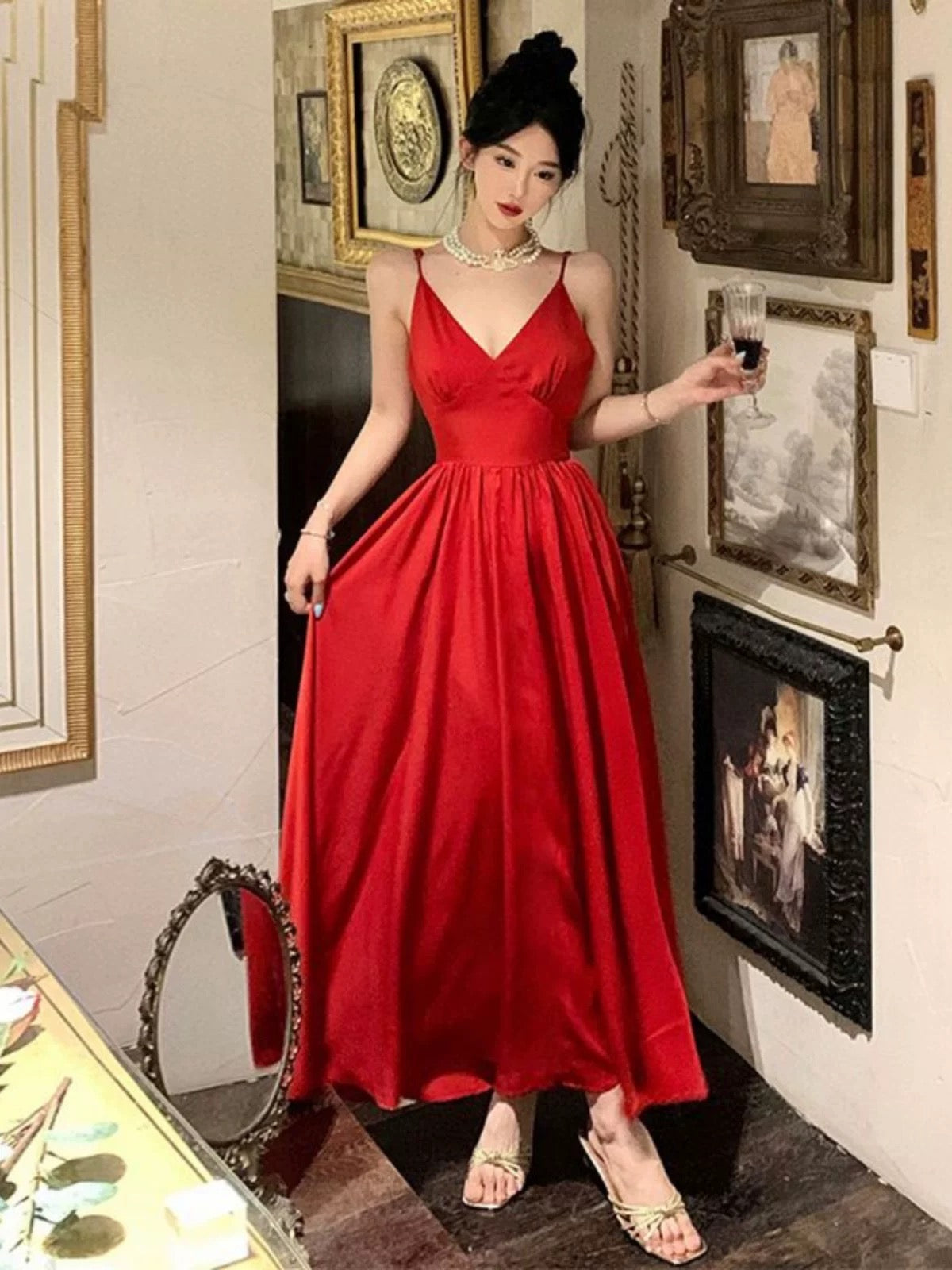 Gorgeous A Line Spaghetti Straps Red Ankle Length Evening Dress Prom Dresses Birthday Outfits C3609